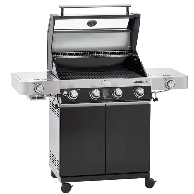 RÖSLE Gasgrill BBQ-Station VIDERO G4-S Schwarz, Grill mit 4 Edelstahlbrennern, extra Primezone und Seitenbrenner, klappbare Seitentische, VARIO+, pulverbeschichteter Stahl