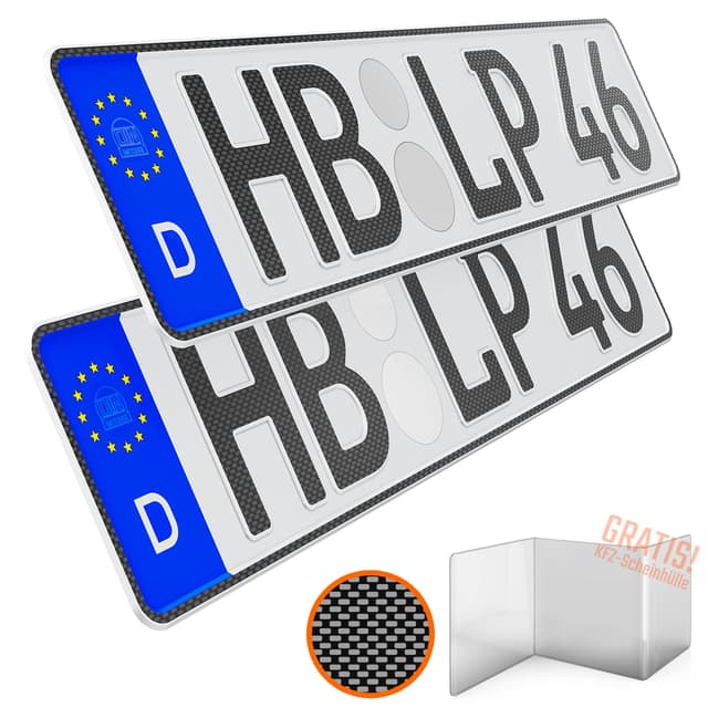 L & P Car Design KFZ Kennzeichen 2 Stück 46cm x 11cm in Carbon Optik Nummernschild 460mm x 110mm Wunschkennzeichen DIN Autokennzeichen Fahrradträger Anhänger LKW Wunschprägung amtliches Autoschild