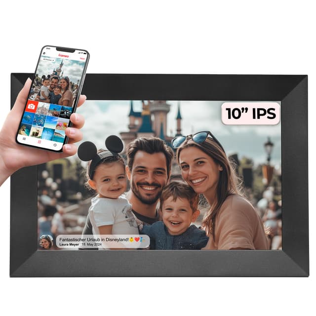 Digitaler Bilderrahmen 10,1 Zoll mit WLAN – Frameo Digital Photo Frame mit Touchscreen & 16 GB Speicher – Elektrischer Fotorahmen mit App-Steuerung, USB & SD, Bilderrahmen Digital & Schwarz 10.1 Zoll Schwarz