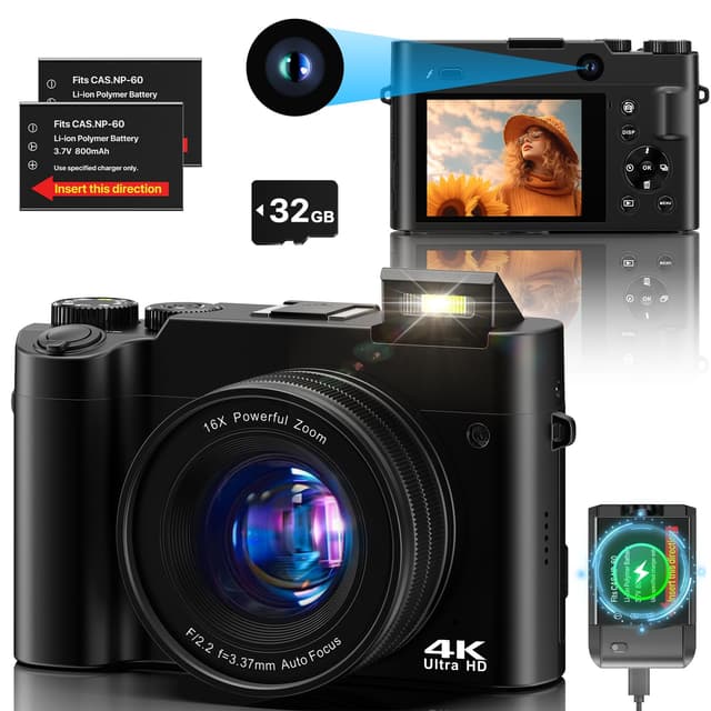 Digitalkamera 4K，64 MP Fotokamera Dual Kamera Anti-Shake Vlogging Fotokamera mit 32GB Speicherkarte, 16X Digitalzoom, 2 Akkus& Ladegerät，und Einsteiger Kompaktkamera für Jugendliche Schwarz
