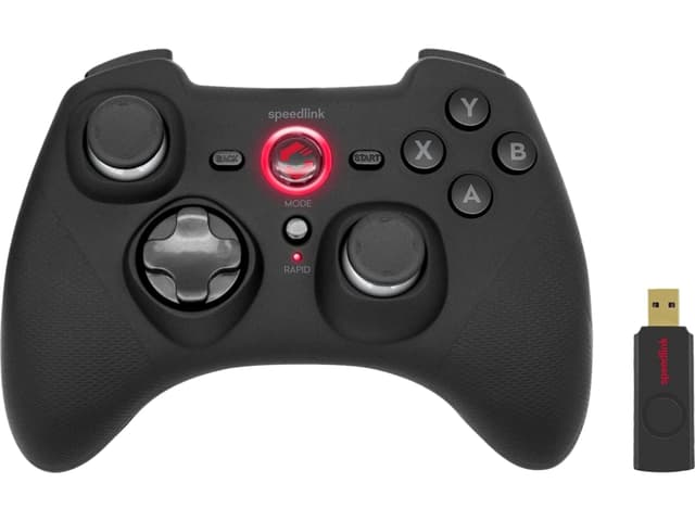 Speedlink RAIT Gamepad Wireless – kabelloser Controller mit Vibrationsfunktion, Dauerfeuer Funktion, für PC/PS3/Switch, gummierte Oberfläche, schwarz