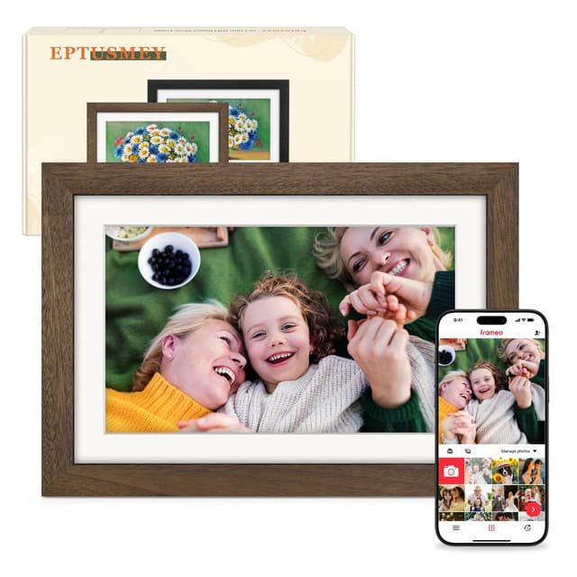 Frameo Digitaler Bilderrahmen WLAN 10.1 Zoll Walnussholz Elektronischer Bilderrahmen mit 32GB, 1280 * 800 HD IPS Touchscreen, Fotos/Videos Teilen über Frameo APP, Geschenk für Männer und Frauen A-Hochwertiges Walnussholz 10,1 Zoll