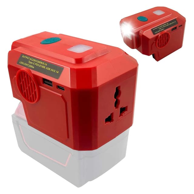 Akku Wechselrichter für Einhell 18V Akkus, 200W 18V DC auf 220V AC Reiner Sinus Akku Konverter Adapter mit USB-C 200LM LED Lampe und 230V Steckdosen Power Inverter für Camping