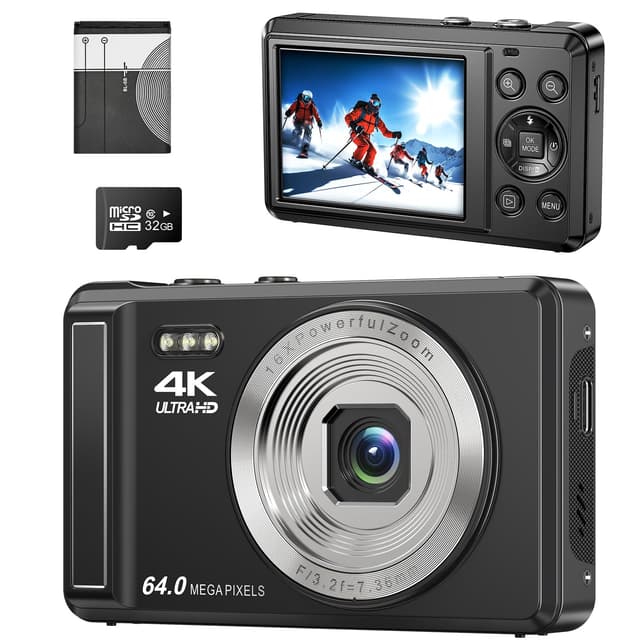 Digitalkamera 4K FHD Vlogging, kompakte Kamera mit 64 MP mit 16-fachem Digitalzoom, wiederaufladbar mit 7,11 cm (2,8 Zoll), Mini-Kinderkamera mit 32 GB Speicherkarte Full-Size