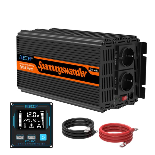 EDECOA Wechselrichter 2000w 12v 230v Spannungswandler mit Neuer Fernbedienung 2X USB und Bildschirm LCD für Sonnenkollektor KFZ Wohnmobi 2000w Fernbedienung USB