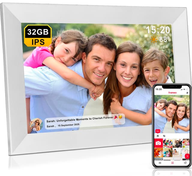 Frameo WLAN 32GB Digitaler Bilderrahmen 10,1 Zoll, HD 1280 * 800 IPS Touchscreen Elektronischer FotoRahmen, Auto Drehung, Einfache Weitergabe von Fotos Videos über Frameo App -Weiß