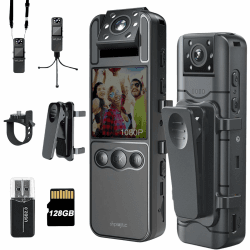 128GB Bodycam mit 180°Drehlinse, Sportkamera mit 6 Stunden Akku, Nachtvision, tragbare Kamera für Haustiere, Büro, Sicherheitsarbeit Polizeistrafverfolgung (H82-1080P-128G) Angebot bei HelloDeals
