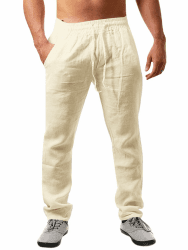 Runcati Herren Leinenhose Einfarbiges Lang Leicht Sommerhose Loose Fit Freizeithose mit Kordelzug für Urlaub Strand Alltag L Beige Angebot bei HelloDeals