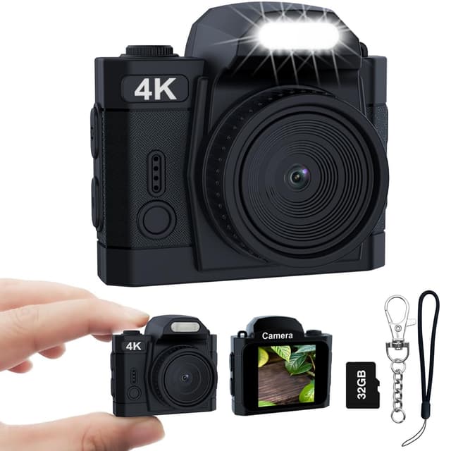 4K Mini Digitalkamera, HD 16MP Kamera 1,5-Zoll-IPS-Farbbildschirm，Portabler Videorecorder mit Monoreflex-geformtem CMOS-Sensor, 32GB Speicherkarte