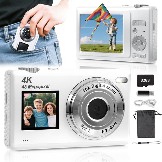 ARNSSIEN Digitalkamera mit Dual-Bildschirm, Autofokus 4K 48MP Vlogging Kamera Fotokamera mit 32GB Karte,Kompaktkamera, 16X Zoom, Anti-Shake, Geschenk für Kinder Teenager Anfänger,Y5 Weiß