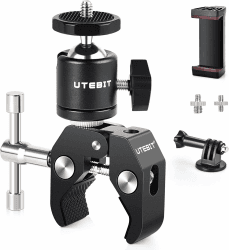 UTEBIT Super Klemme Stativ Gelenk-Kugelkopf Blitzschuh-Stativkopf mit 1/4 3/8" Gewindeadapter, Handyclip und Gopro-Adapter für Kameras, Blitze, Stative, LCD/DV-Monitore, LED-Leuchten Angebot bei HelloDeals