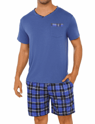 Leversic Zweiteiliger Schlafanzug Herren Kurz Baumwolle mit Karierter V-Ausschnitt, Shorty Pyjama Herren Set Sommer Nachtwäsche Pajamas for Männer 308-blau XL Angebot bei HelloDeals