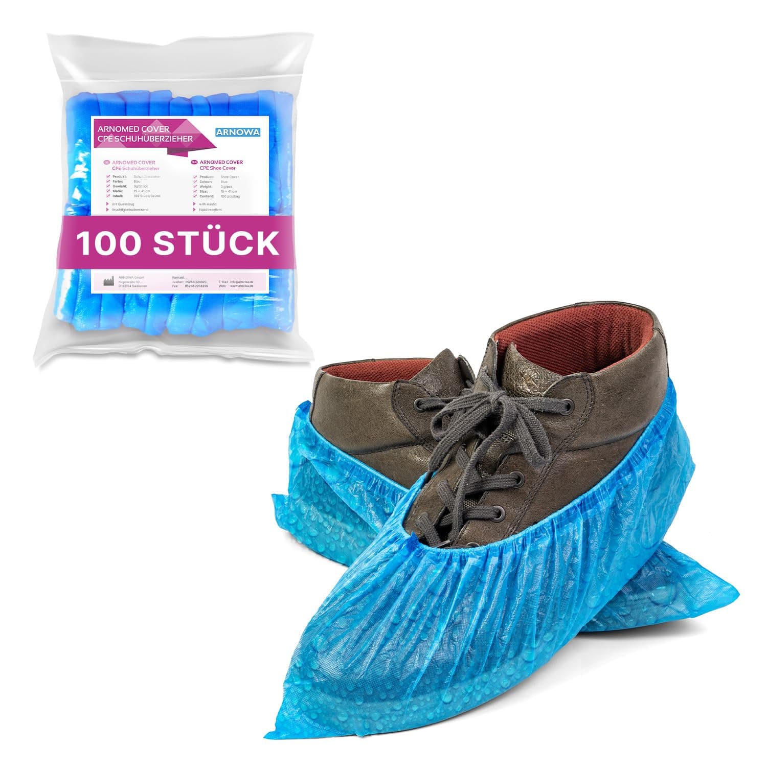 ARNOMED 100x Schuhüberzieher Einweg [WASSERDICHT], Galoschen, Schuh Überzieher Einweg, Starke Überschuhe Latexfrei, Einheitsgröße Wasser, und Staubdicht, Klassik 3g Starkem CPE Material Klassik 3g 100 Stück