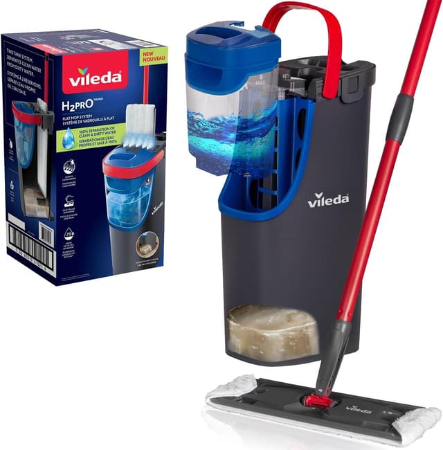 Vileda H2PrO Flat mop Bodenwischer Set mit Eimer| 100% Trennung von Frisch- und Schmutzwasser | Hygienisches Reinigungssystem mit Mikrofaser | Wassersparend, ergonomisch | Eco-Verpackung Flacher Wischmopp