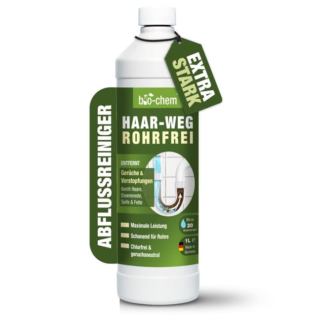 bio-chem Haar-Weg Abflussfrei – Abflussreiniger EXTRA STARK – 1000 ML - Bis zu 20 Anwendungen je Flasche Rohrreiniger – Extrem effektiver Abflussöffner & materialschonend - Made in DE 1) Abflussreiniger 1 l (1er Pack)