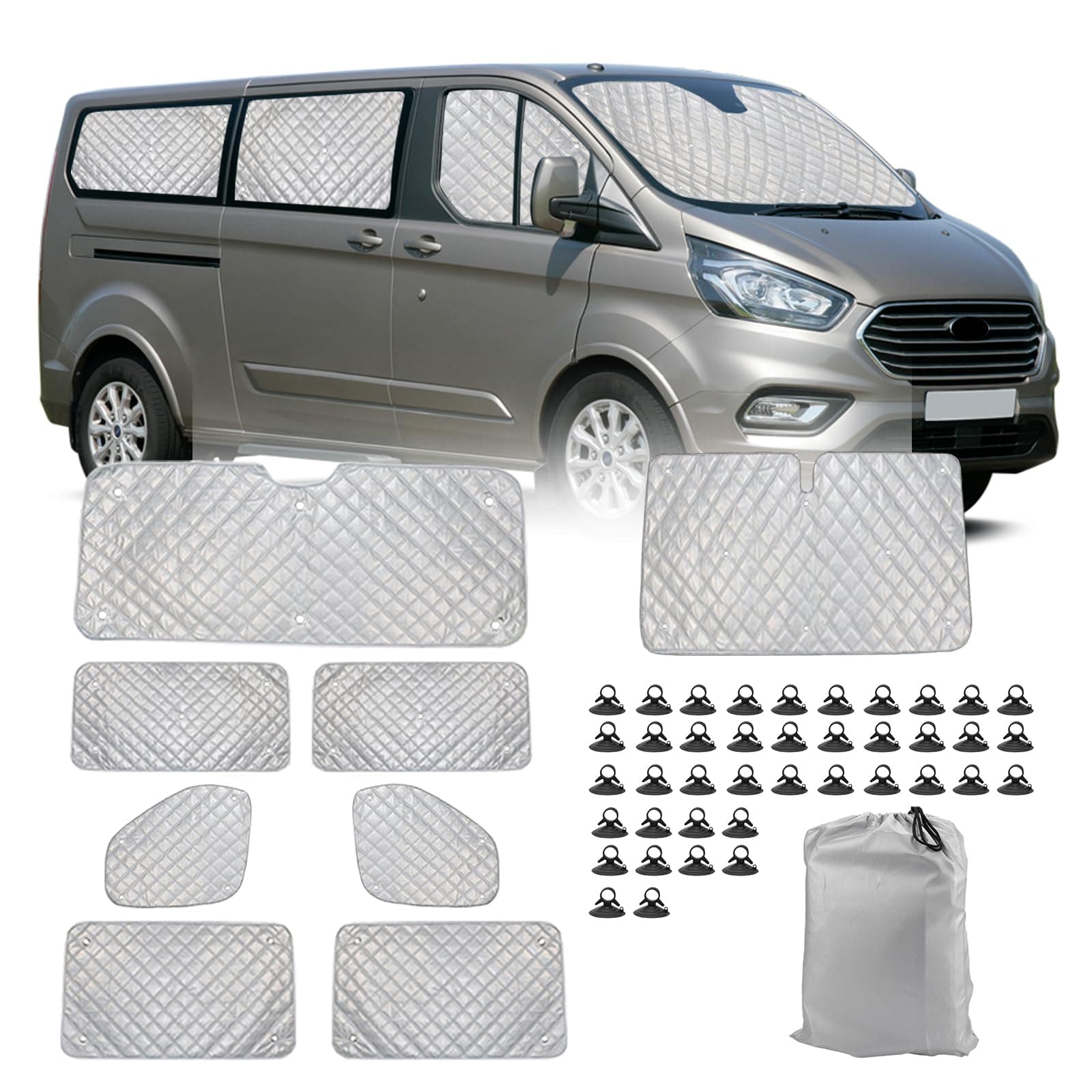 Opaltool Thermomatte Fahrerhaus Innen für Ford Transit Custom 2012-2025, 8-teiliges LWB UV- & Wasserschutz Sonnenschutz Frontscheibe Innen für Wohnmobil Privatsphäre & Temperaturkontrolle 8PCS Transit Custom-LWB