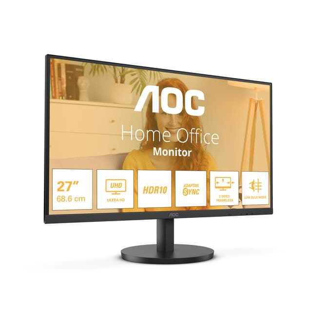 AOC U27B3M - 27 Zoll Ultra HD Monitor, Adaptive Synchronisation, HDR10 (3840x2160, 4K, 60 Hz, 2X HDMI 2.0, 1x DisplayPort 1.4) schwarz 27" UHD IPS 60Hz Lautsprecher + Höhenverstellbar No USB-C