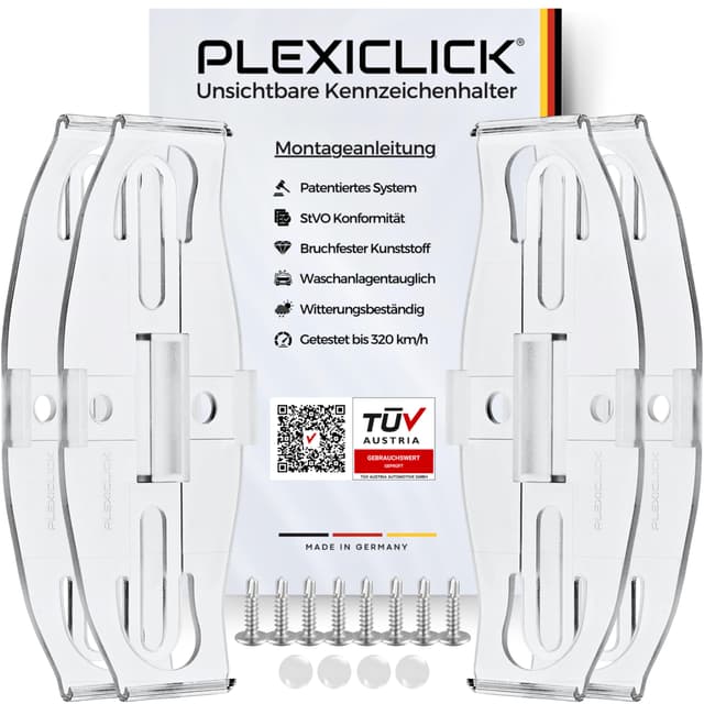 PLEXICLICK® Kennzeichenhalter 4X - TÜV Zertifiziert - Kennzeichenhalter Rahmenlos Transparent - Nummernschildhalterung Auto - Kennzeichenhalterung - Nummernschildhalter - Kfz Kennzeichen Halterung Durchsichtig