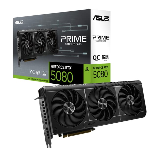 ASUS Prime GeForce RTX 5080 OC Edition 16GB GDDR7 Gaming Grafikkarte (Nvidia GeForce RTX5080, SFF-Ready, Dual-BIOS-Schalter, PCIe 5.0, 1x HDMI 2.1b, 3X DisplayPort 2.1a, PRIME-RTX5080-O16G)