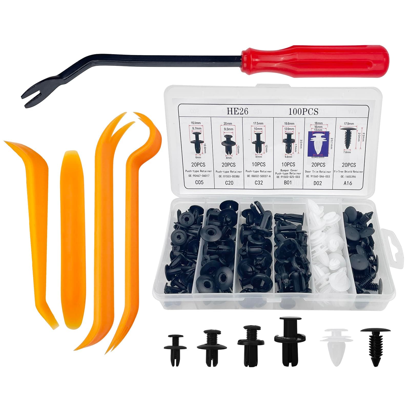 Baxcdyswe 100 Stück Befestigungsclips Auto, Universal Spreiznieten, Clips Auto, Befestigung, Kfz Clips Set, Verkleidung, 6 Arten Türverkleidung + 4 Lösewerkzeug Zierleistenkeile + 1 Hebelwerkzeug