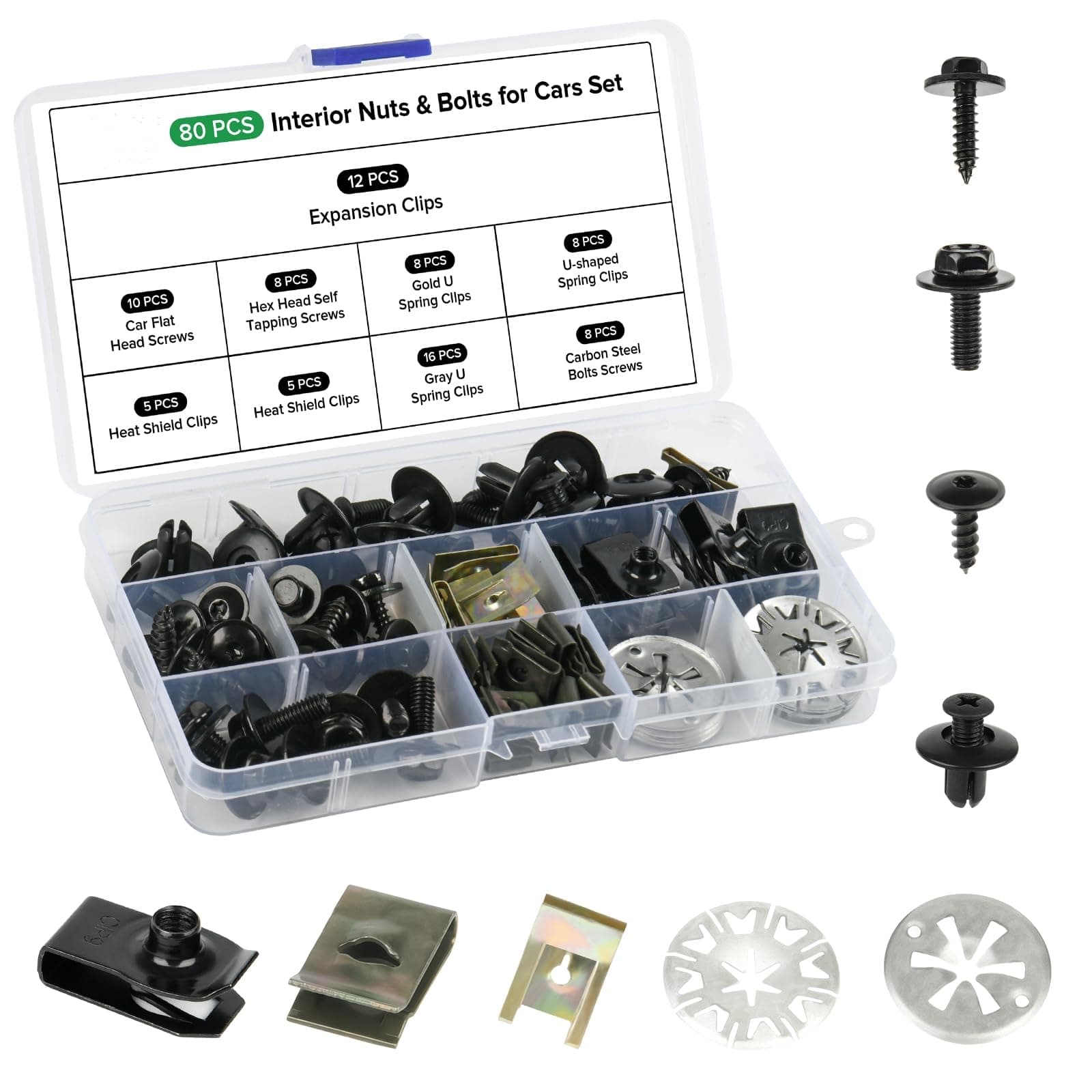 Realure 80 Stück Blechmutter Schraube Mutter Clip Kit, mit Klemmscheiben Hitzeschutzblech, Karosserieschrauben & U Type Karosserie Clips, Auto Befestigungsbox Set für Befestigen & Reparieren Autoteil Angebot bei HelloDeals