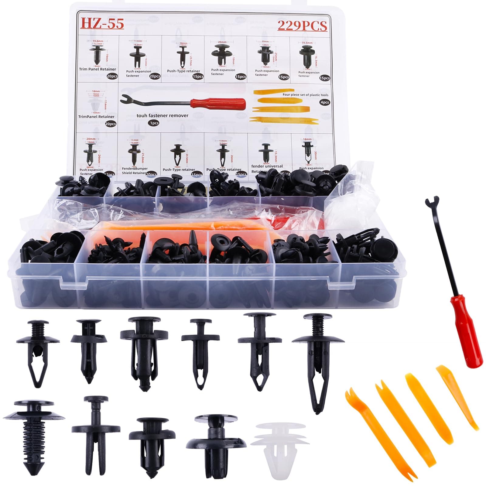LUXERAD Car Body Trim Clips 229pc mit Werkzeugen, Kunststoff Niet Fasteners Universal Fasteners mit 5 Removal Tools Car Body Clips Interior Fittings Car Trim Clips Box