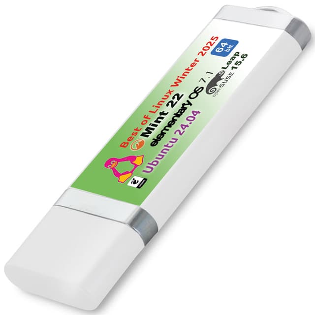 NEIF Software Best of Linux Edition Winter 2025 (64 Bit) auf USB-Stick - mit Ubuntu 24.04, Mint 22 Cinnamon, Elementary OS 7.1 und openSUSE Leap 15.6