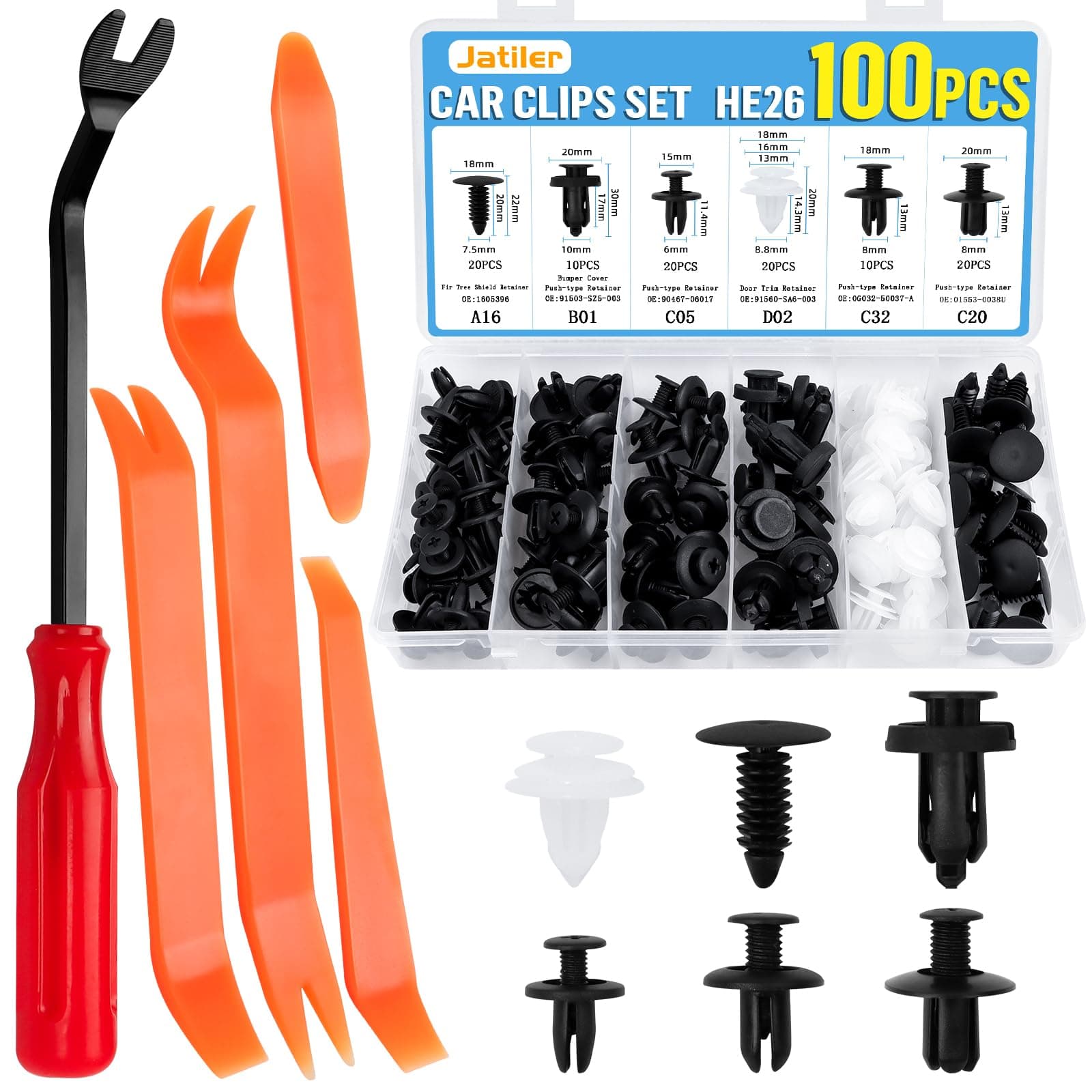 JatilEr 100 Stück Befestigungsclips Auto Clips, Universal Karosserie Kunststoffnieten Befestigungssatz, 6 Arten Türverkleidung Klammern Stoßstangen + 4 Lösewerkzeug Zierleistenkeile + 1 Hebelwerkzeug Angebot bei HelloDeals