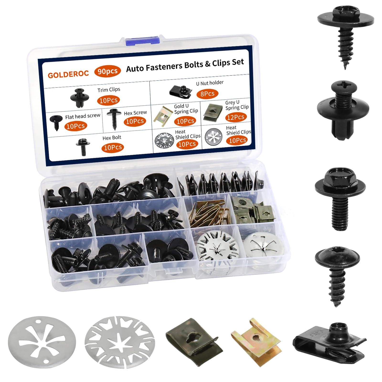 GOLDEROC 90 Stück Blechmutter Schrauben Clips Set, mit Karosserieschrauben, Hitzeschutz Klemmscheiben & U Type Karosserie Clips, Befestigungsclips Auto für Befestigen & Reparieren Autoteil