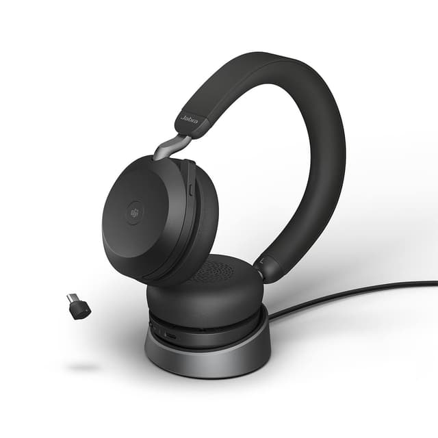 Jabra Evolve2 75 Wireless PC Headset mit Ladedock, 8-Mikro-Technologie - Dual-Foam-Stereo-Kopfhörer mit moderner aktiver Geräuschunterdrückung, USB-C Bluetooth-Adapter und MS-Kompatibilität - Schwarz