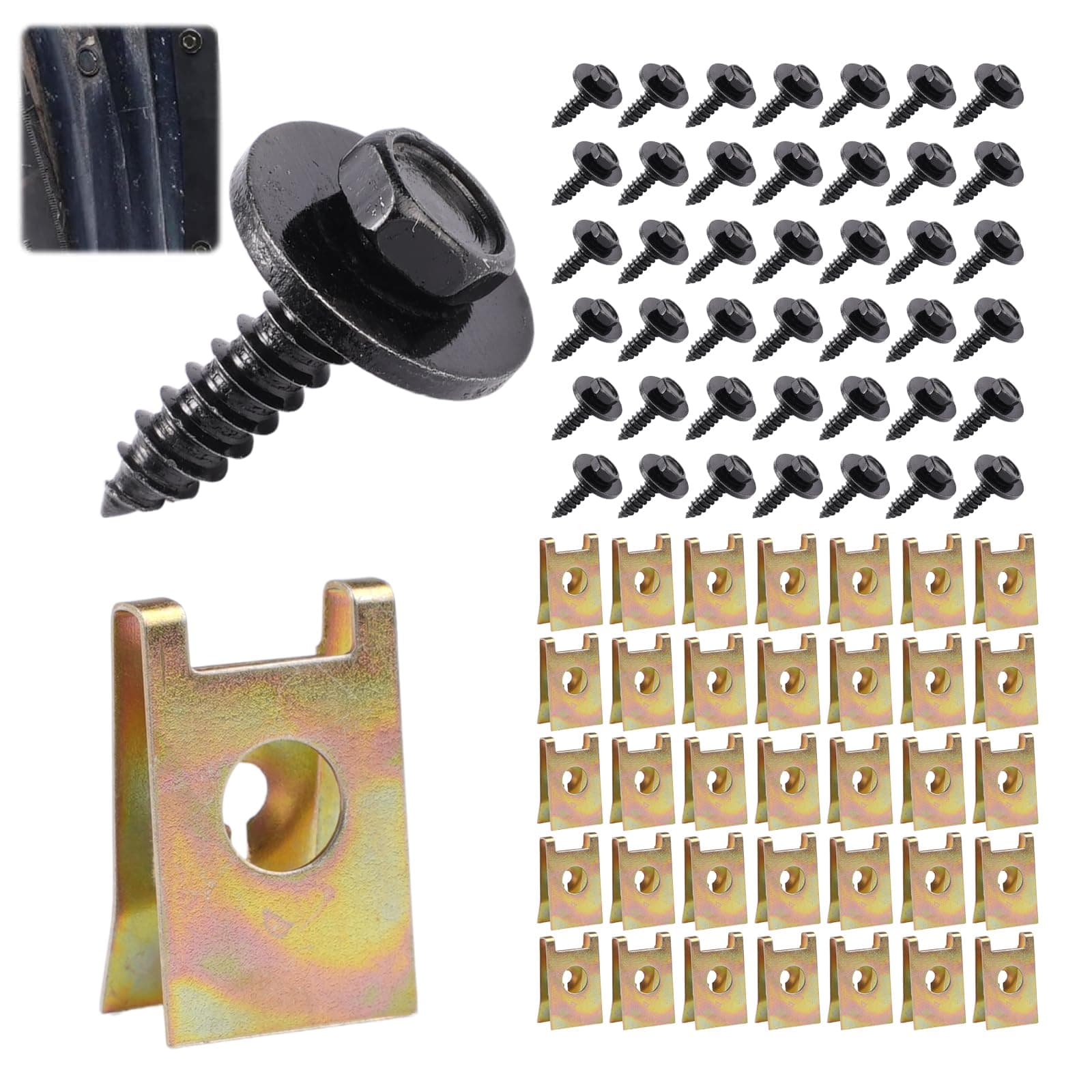 100 Stück Karosserieschrauben, 50 Sätze Blechmutter Schraube Mutter Clip Kit, U-Typ Blechmuttern, Schnappmutter, Haltbarkeit, Ideal für Stoßstangen,Kotflügeln,Motorabdeckungen und Spritzschutzblechen