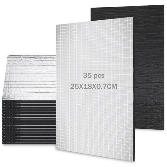 DAJAVE 35 Stück 7mm Dämmmatte Auto Dämmung 25X18cm Selbstklebend Antidröhnmatte, 7mm Dick Alubutyl Platten Dämmmatte, Dämmmatte Motorhaube, Feuchtigkeitsbeständig Isoliermatte Weiß 35PCS-25X18X0.7CM