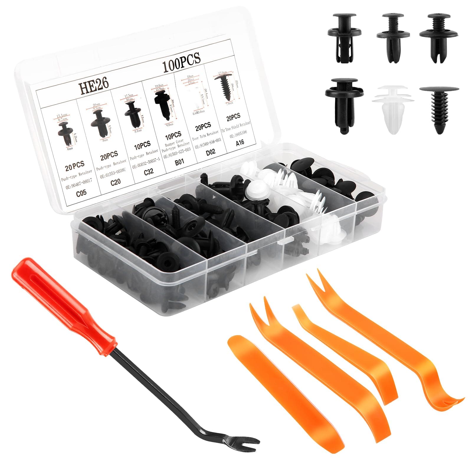 105 Stück Befestigungsclips set, 6 Größen Spreiznieten, kunststoffschrauben, auto clips und 5 Stück Autoschraubenentfernungswerkzeug für die meisten Modelle. Angebot bei HelloDeals