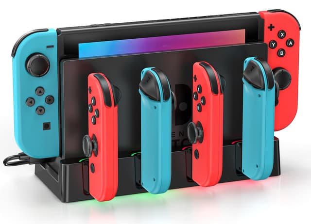 Switch Joycon Controller Ladestation für Switch Original & OLED, Switch Ladestation mit 4 Ladeschlitze für Switch & eingebautes USB Netzkabel zum Anschluss des TV-Docks, Switch Zubehör 3DS Konsolen