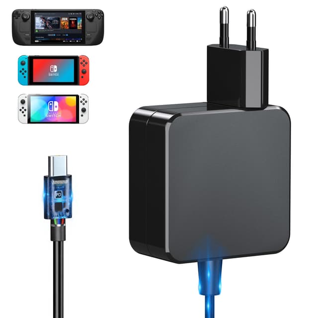 45W Switch Netzteil Steam Deck Netzteil, Unterstützt TV Modus 15V/3A Ladegerät mit 1.8M/6FT Ladekabel, 45W GaN Ladegerät für Steam Deck/Switch/OLED/Lite/TV Dock/Pro Controller