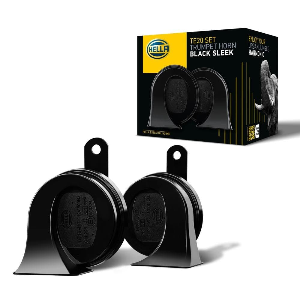 HELLA 3FH 011 225-831 Fanfare - HELLA ESSENTIAL HORN TE20 SET - 12V - 110dB(A) - 400Hz-500Hz - Hochton-Tiefton - elektrisch - ECE - Gehäusefarbe: schwarz - Menge: 2 Schwarz Universal – 12 V (Box Pkg)