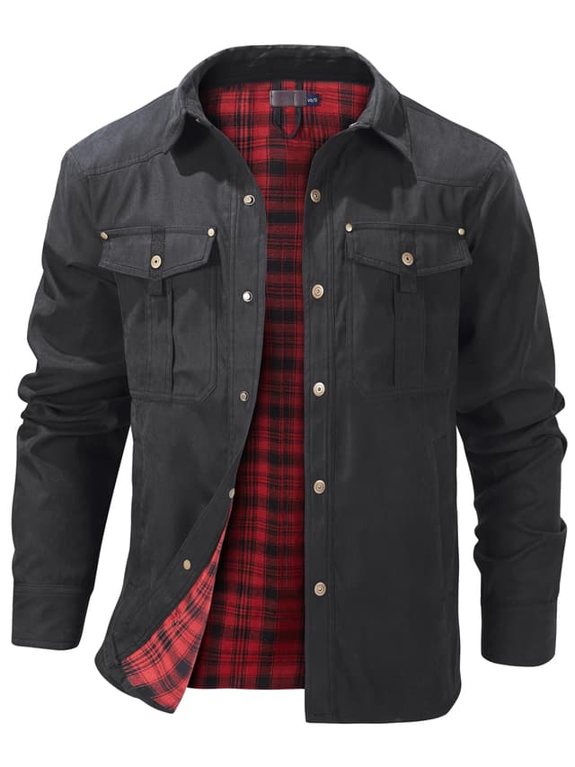 Mr.Stream Herren Karierte Flanellfutter Jacke Hemdjacke Übergangsjacke Leicht Stehkragen Feldjacke Cargo Herbstjacke Snap Western Cowboy Jacken