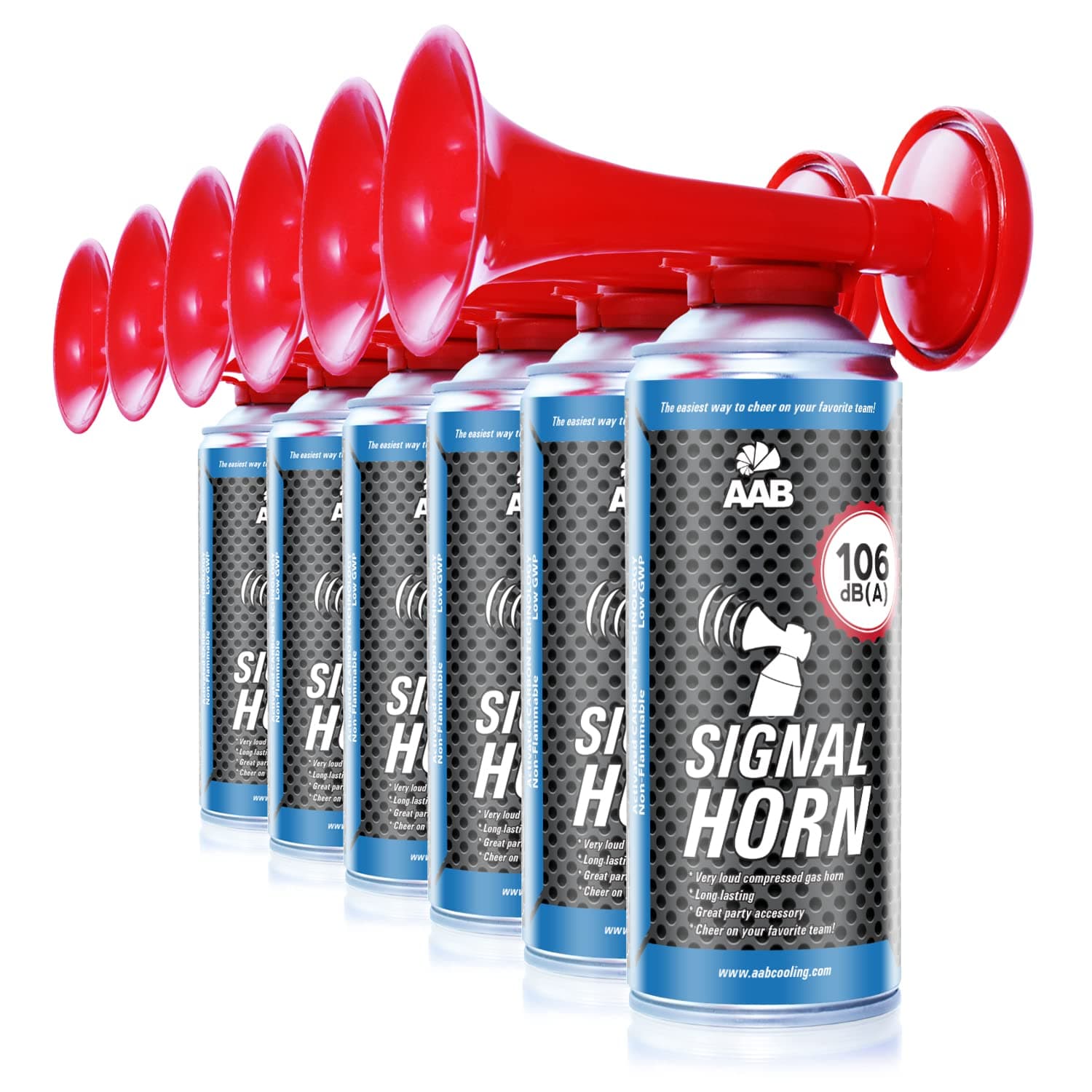 6x AAB Signal Horn, 106 dB(A) Mit Nicht Brennbarem Gas, Bis Zu 120 Kurze Pieptöne, Deutschland Fussball Tröte, Pressluftfanfare, Gas Fanfare, Boot, Auto, Luftdruckfanfare, Air Horns, Fanhupe, Fanfahre 6 Stück