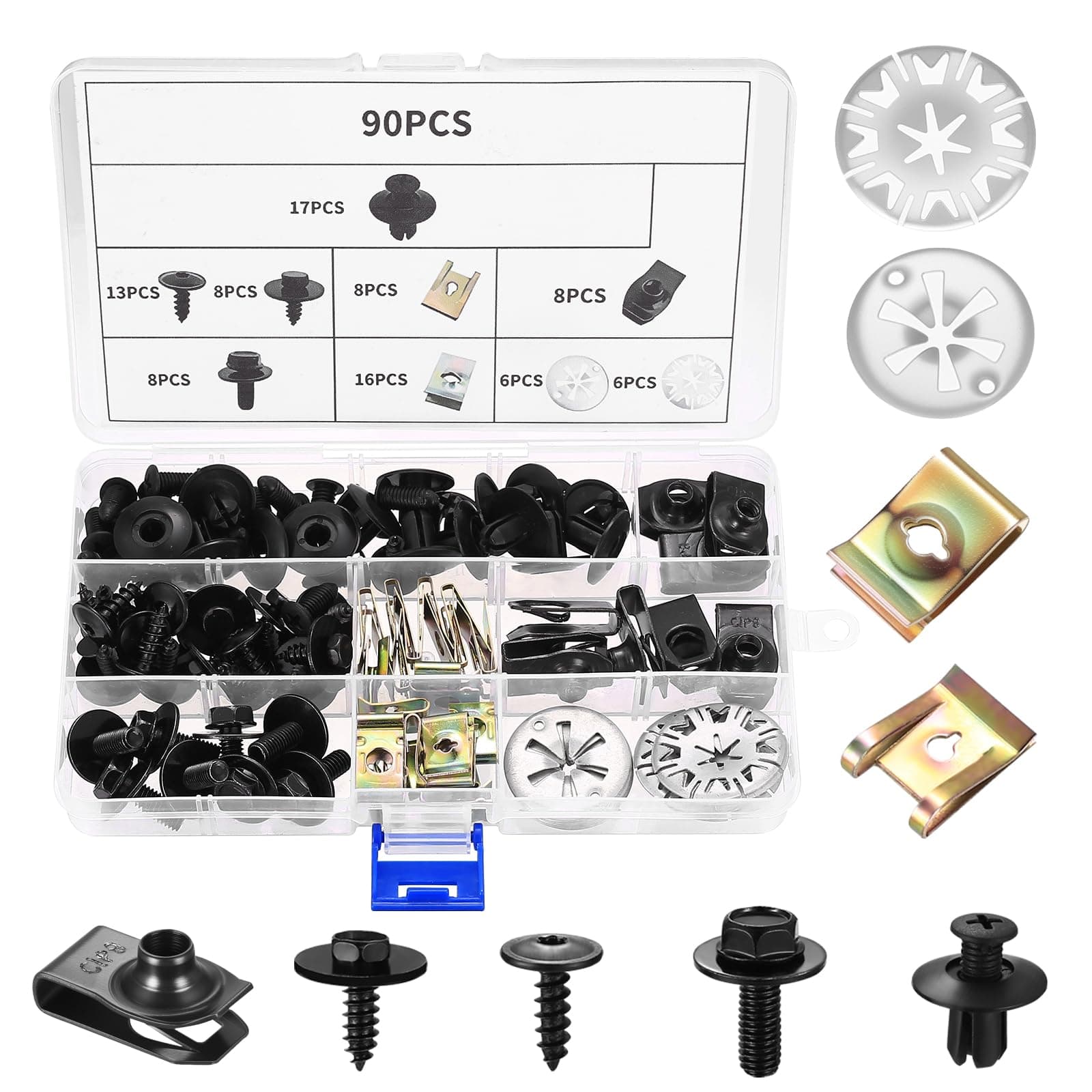 90 Stück Karosserieschrauben Blechmuttern Sortiment, Kfz Blechmutter Schraube Mutter Clip Kit, U Typ Karosserie Clips Auto Befestigung Clips Set und Hitzeschutzblech Klemmscheiben Blechschrauben