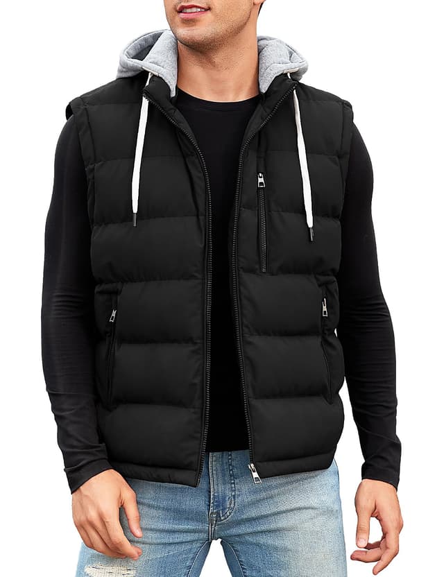 CMTOP Weste Herren mit Kapuze Wasserabweisend Steppweste Warme Herren-Westen, Leicht Ärmellose Jacke Winddichte Winterweste Reißverschluss Bodywarmer Vest Gilet mit Taschen Schwarz XL