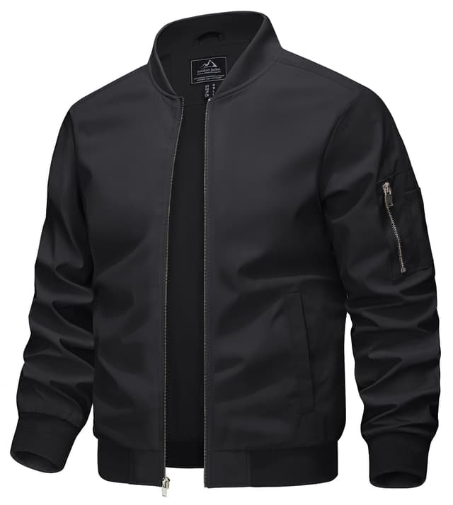KEFITEVD Herren Leichte Dünne Bomberjacke mit Ärmeltasche Blouson Jacke Übergangsjacke Stehkragen US Fliegerjacke mit Innentasche L Schwarz