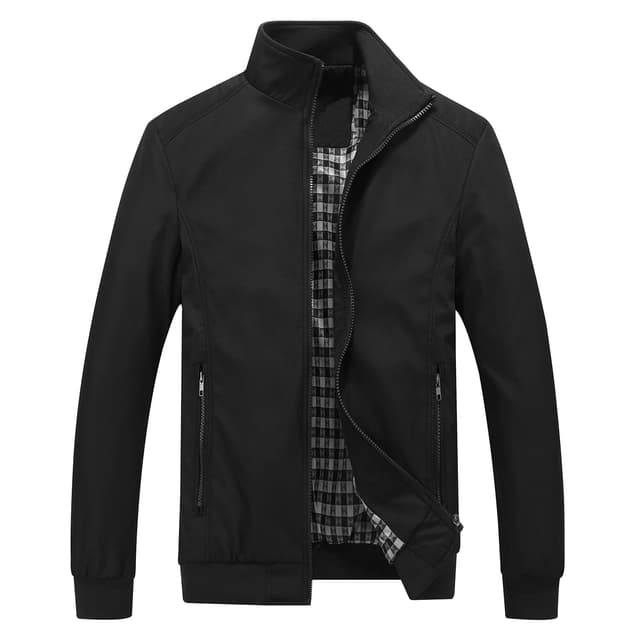 KUDORO Herren Leichte Jacke Langarm Übergangsjacke Bomberjacke Sportjacke mit Reißverschluss Windbreaker für Herren mit klassischem Stehkragen L Schwarz1