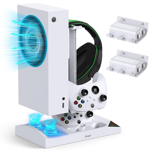 MENEEA Charger Stand with Fan Accessories for Xbox Series S Controller Charging Station and Console with Cooler, Headphone Holder, 2 x 1400mAh Rechargeable Battery (White)