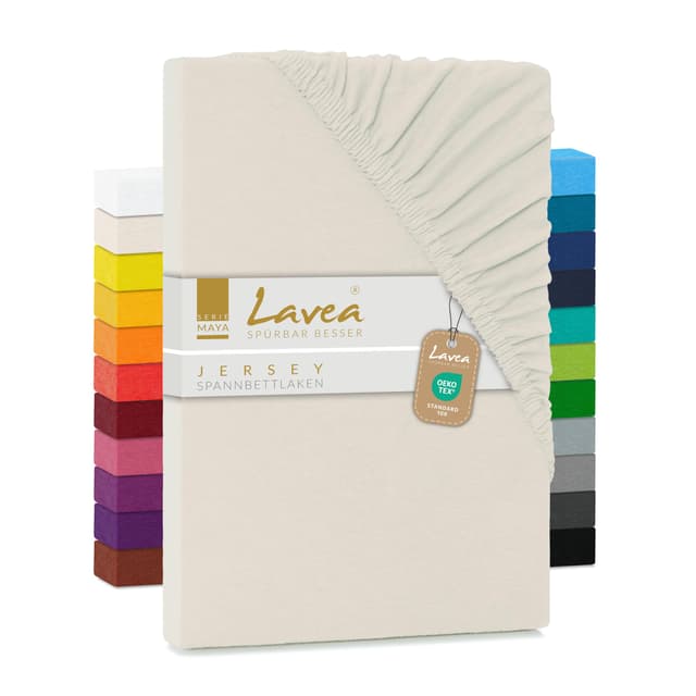 Lavea Spannbettlaken 120x200cm - aus atmungsaktiver Baumwolle - Passgenau für Standardmatratzen bis 20cm - Creme Bettlaken mit Gummizug - Jersey Spannbetttuch 120x200cm 120 x 200 cm Creme Naturweiß