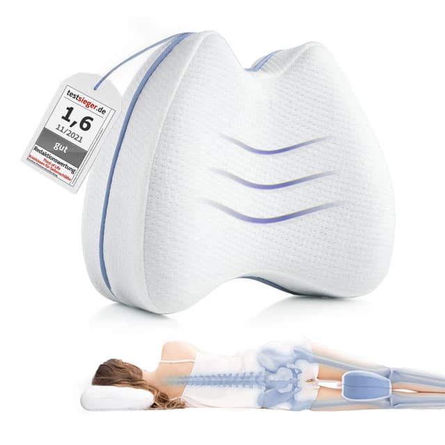 Kniekissen für Seitenschläfer, Orthopädisches Bein-Kissen für eine optimale Schlafhaltung, Ergonomisches Lagerungskissen aus viscoelastischem Memory Schaum, atmungsaktiver & waschbarer Bezug 23,5x9,5 Weiß