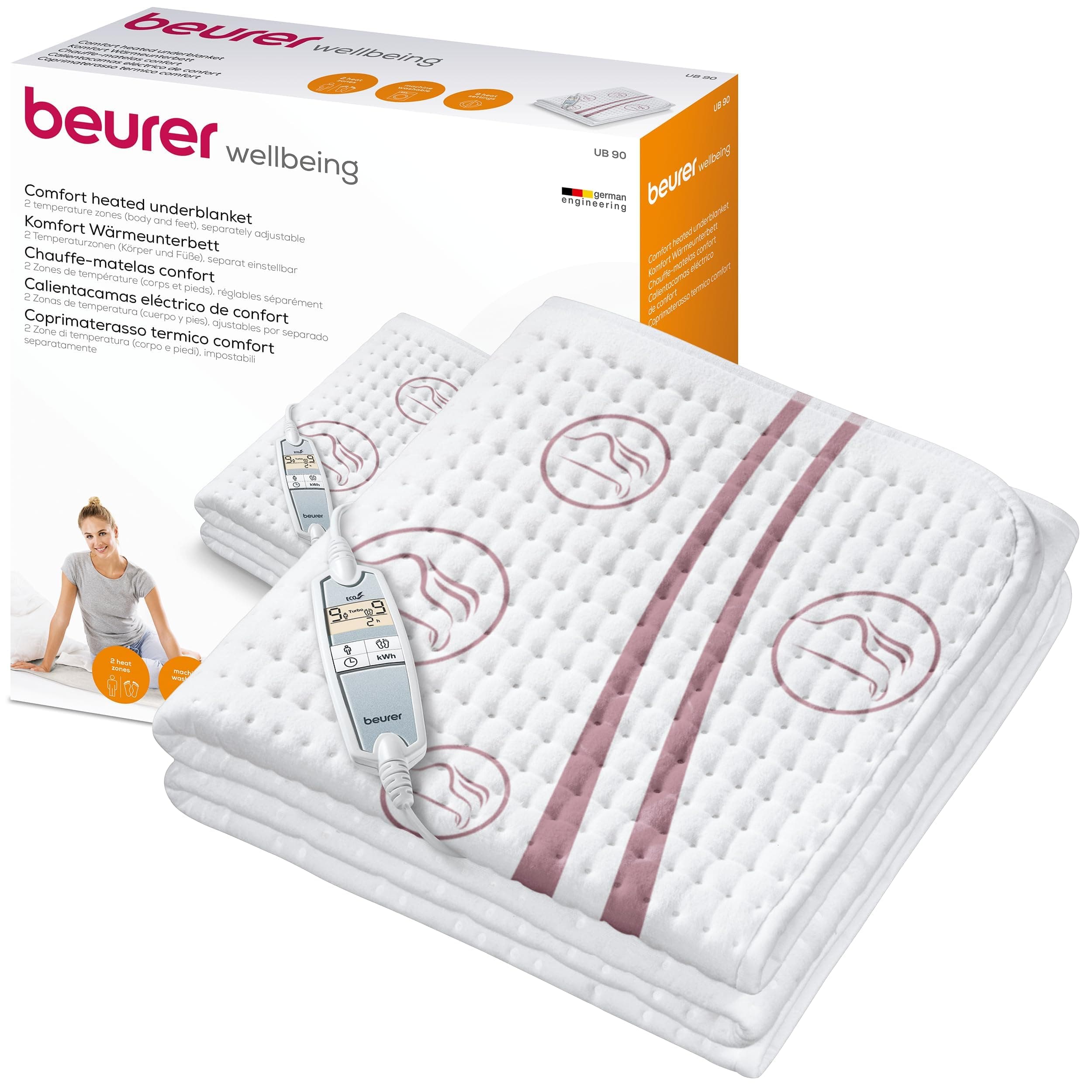 Beurer UB 90 Komfort Wärme-Unterbett, anschmiegsame Wärmebettunterlage mit zwei Temperaturzonen und je 9 Temperaturstufen, mit Rückschaltautomatik und Eco-Control, 150 x 80 cm, maschinenwaschbar, Weiß Zwei Temperaturzonen + 9 Temperaturstufen