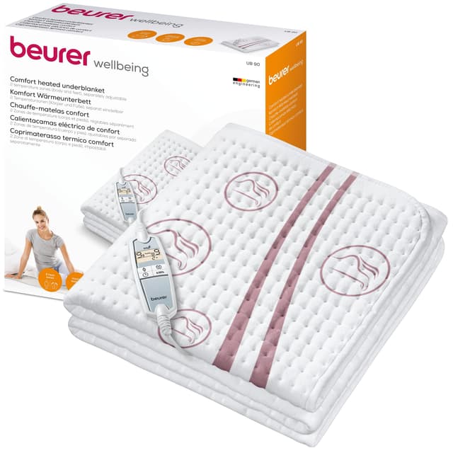 Beurer UB 90 Komfort Wärme-Unterbett, anschmiegsame Wärmebettunterlage mit zwei Temperaturzonen und je 9 Temperaturstufen, mit Rückschaltautomatik und Eco-Control, 150 x 80 cm, maschinenwaschbar, Weiß Zwei Temperaturzonen + 9 Temperaturstufen