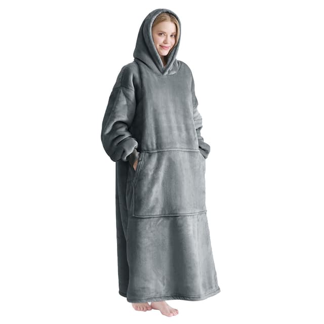 Good Nite Decke mit Ärmeln für Frauen und Männer Sherpa kuscheldecke Tragbare Decken Adult Cosy Sweater Tragbare Warm Decken Übergroßer hoodie mit Taschen Grau 90*130cm Dunkelgrau