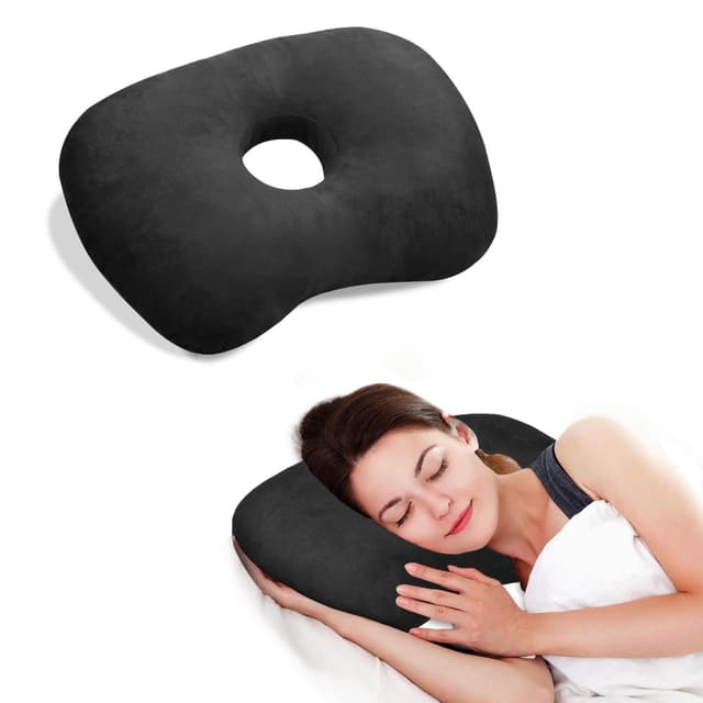 Babyezz Ear Piercing Hole Pillows Side Sleeper Pillow with an Ear Hole for CNH Side Sleepers and Ear Inflammation Pressure Sores, Adjustable Cotton and Polyester Curved Side Pillow，Schwarz