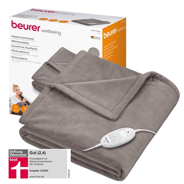 Beurer HD 75 Heizdecke, kuschelige Wärmedecke mit 6 Temperaturstufen, Sicherheitssystem und Abschaltautomatik, maschinenwaschbar, taupe, 180 x 130 cm